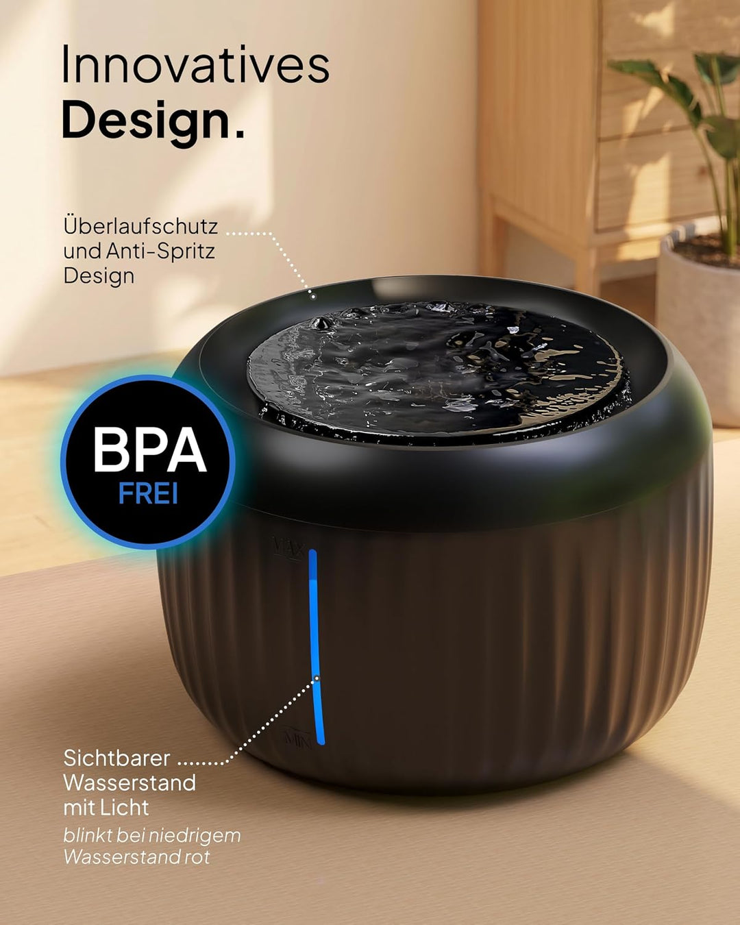 Pretty Paw Katzenbrunnen mit Leiser Pumpe, LED und Aktivkohlefilter, 2,5L | Trinkbrunnen für Katzen,