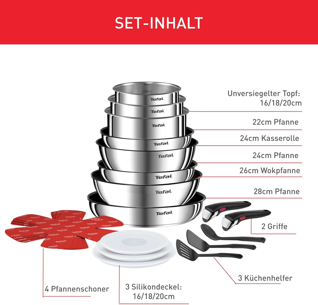 Tefal Ingenio Emotion 20-tlg. Topf und Pfannenset abnehmbarer Griff, mit Zubehör, stapelbar, platzsp