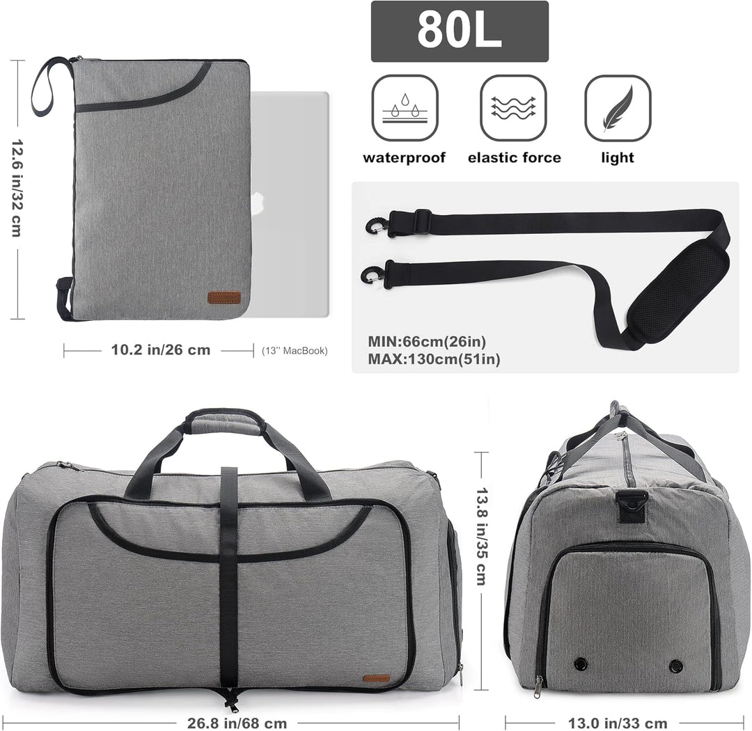 Vogshow Reisetasche grosse Faltbare 80L, Weekender Übernachtungstasche Seesack wasserdicht Sporttasc