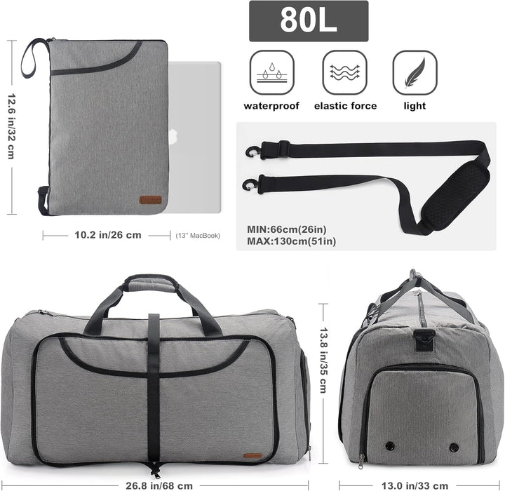 Vogshow Reisetasche grosse Faltbare 80L, Weekender Übernachtungstasche Seesack wasserdicht Sporttasc