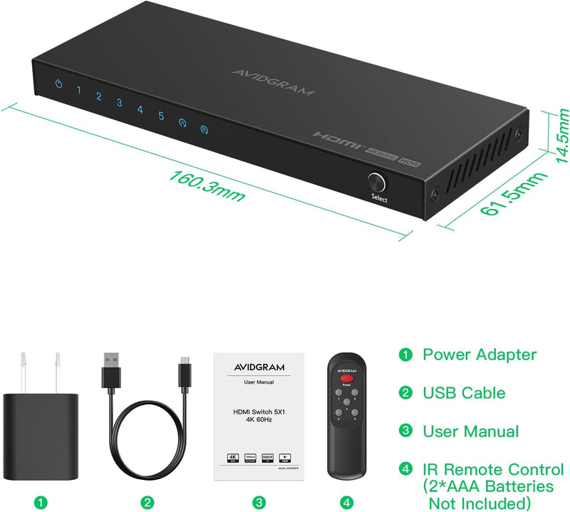 HDMI Switch 4K 60Hz, AVIDGRAM HDMI 2.0 Umschalter 5 in 1 Out, 5 Port HDMI Selector Box with IR Remot