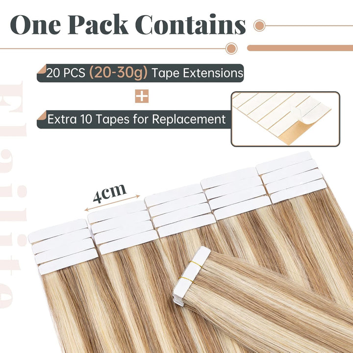 Elailite Echthaar Extensions Tape in 20 Stück #12P613 Goldbraun mix Bleichblond, Real Human Hair 20g