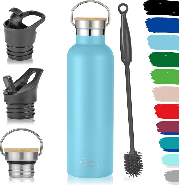Milu Edelstahl Trinkflasche 350ml 500ml 750ml 1000ml (+3 Deckel) - Thermosflasche mit Strohhalm, Iso