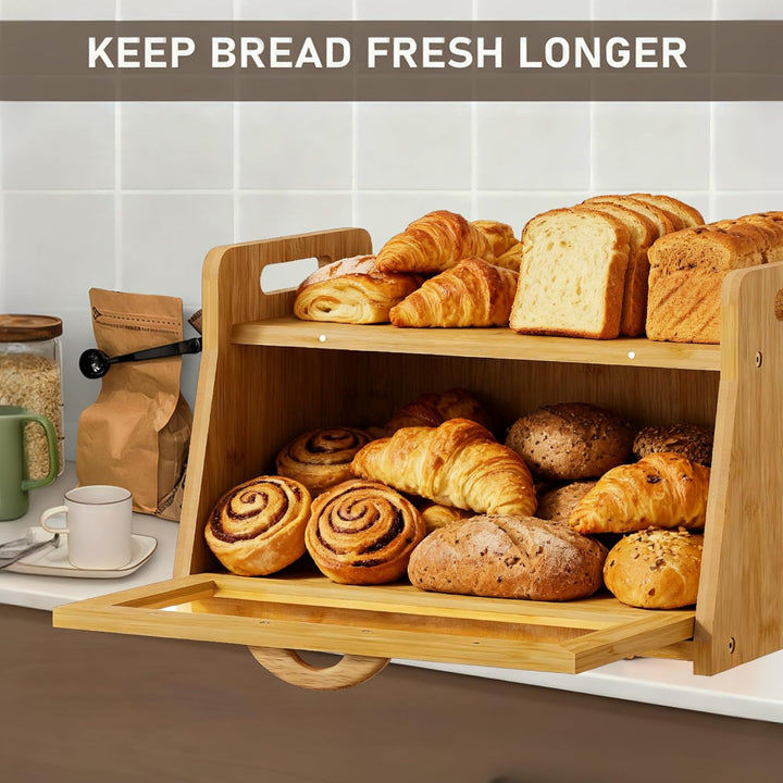 BAMBANG Extra Grosses Brotkasten, Bambus Brotbox für Küchen, Holz Brotbehälter mit Werkzeughalter, S