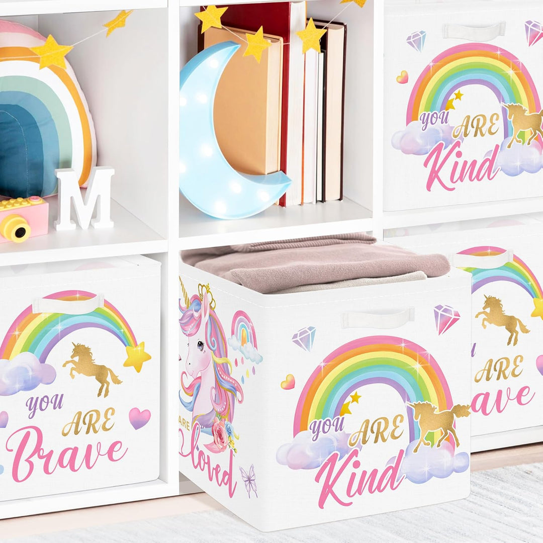 Clastyle 3 Stück Rosa Einhorn Aufbewahrungsbox Stoff für Kallax Faltbar Aufbewahrungskorb Klein Schr