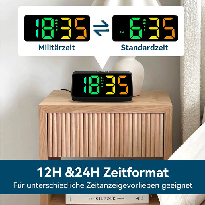Lauter Wecker für Tiefschläfer, Wecker Digital mit Bunte Display, Doppelalarm, 5 Helligkeitsdimmer,