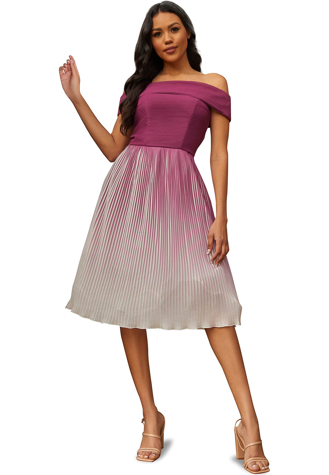 Chi Chi London Damen Bardot – Ombre – Plissiertes Midikleid in Berry Kleid 34 Beere, 34 Beere
