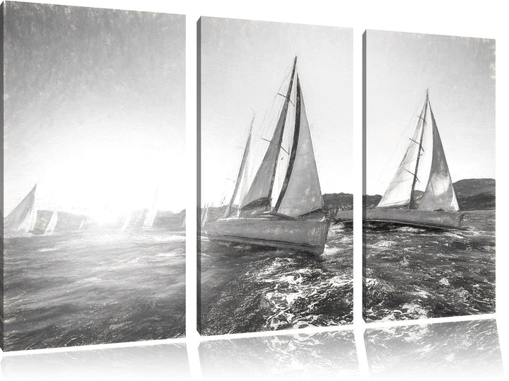 Pixxprint Luxusyachten bei Segelregatta Kunst Kohle Effekt 3-Teiler Leinwandbild 120x80 Bild auf Lei