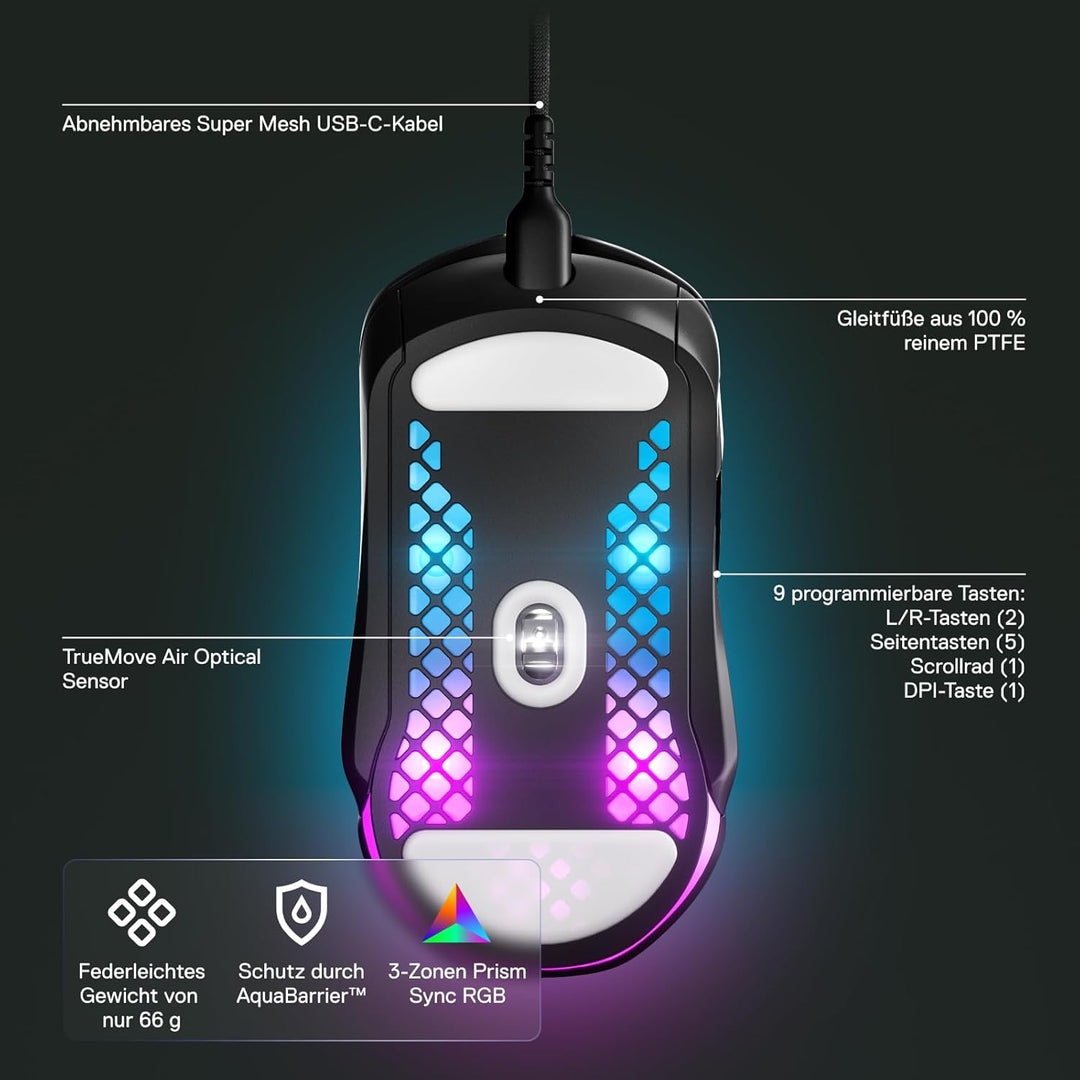 SteelSeries Aerox 5 Gaming-Maus – Ultraleichte 66 g – 9 programmierbare Tasten – Wasserbeständig nac