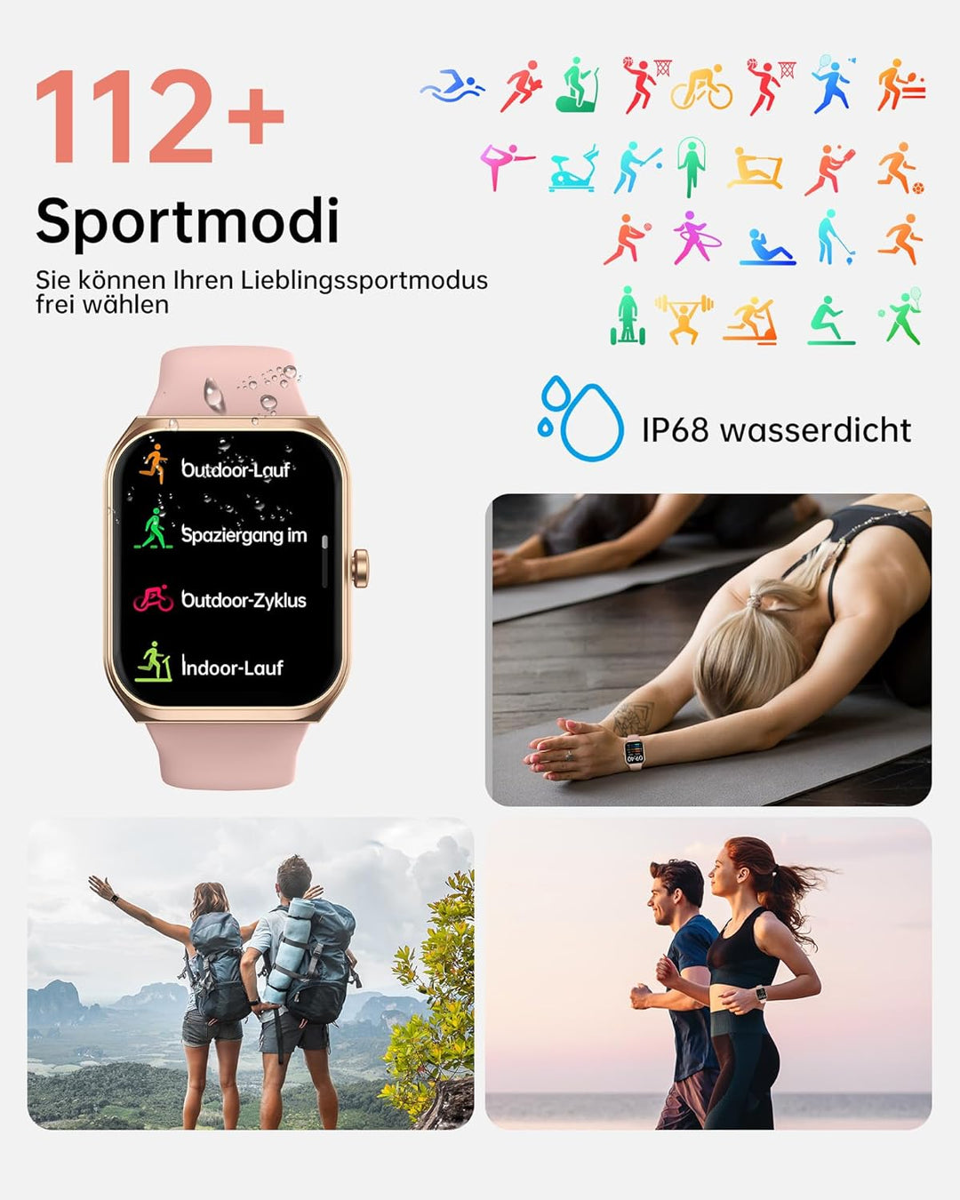 Smartwatch Damen mit Telefonfunktion - 1.91" Smart Watch IP68 Wasserdicht, 24h Herzfrequenz, SpO2, S