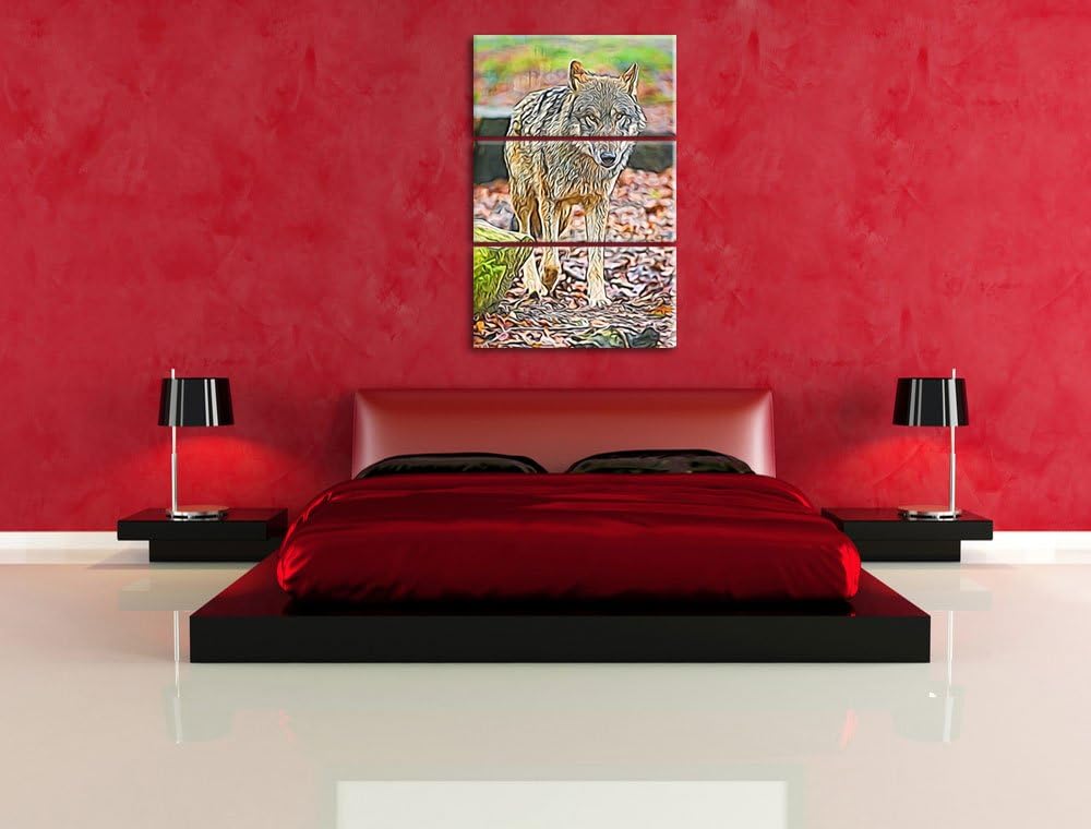 Wolf im Laubwald Spezial 3-Teiler Leinwandbild 120x80 Bild auf Leinwand, XXL riesige Bilder fertig g