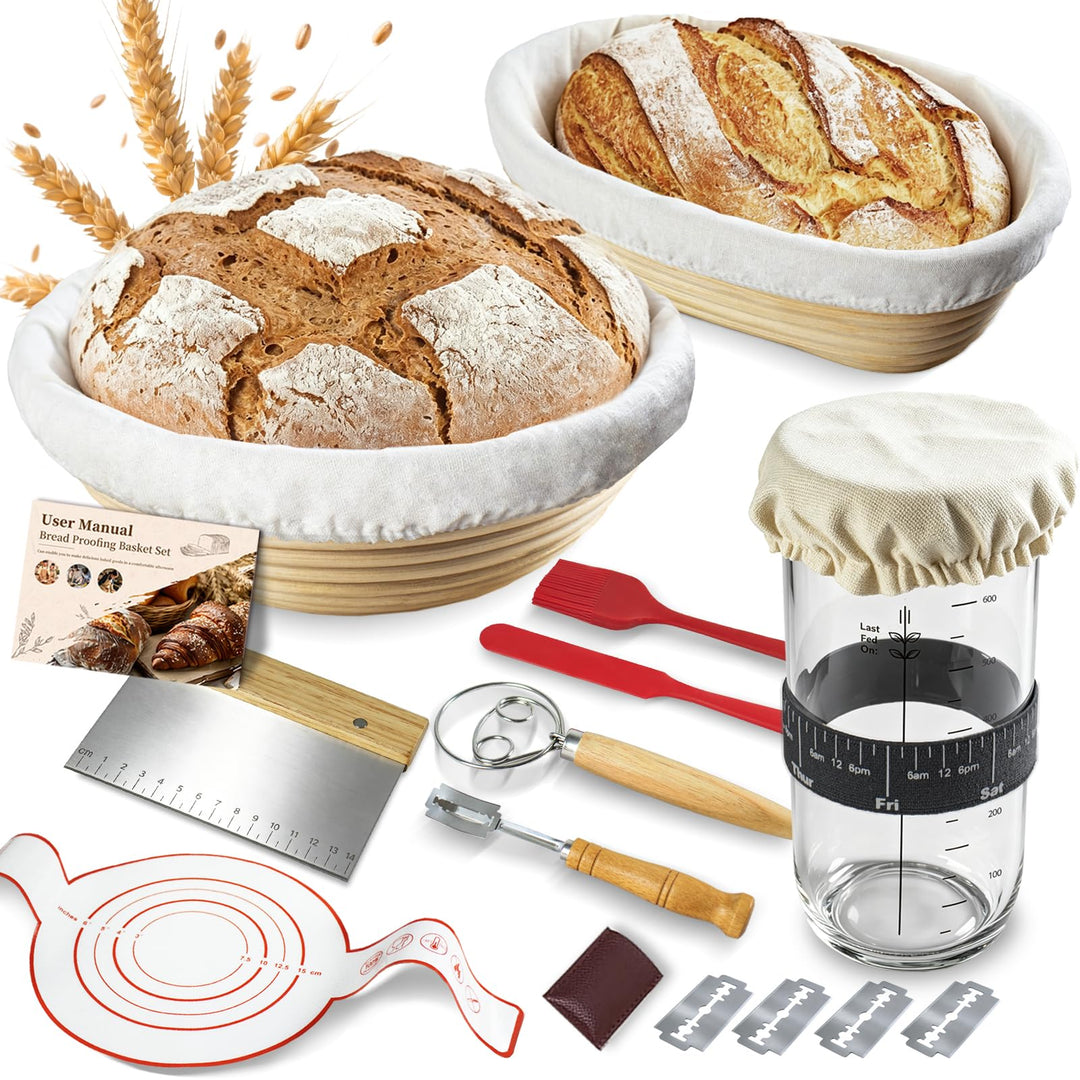 Komplettes Gärkörbchen Sauerteig Starter Set, 700ml Sauerteig Glas mit Gärkorb rund und oval, Spatel
