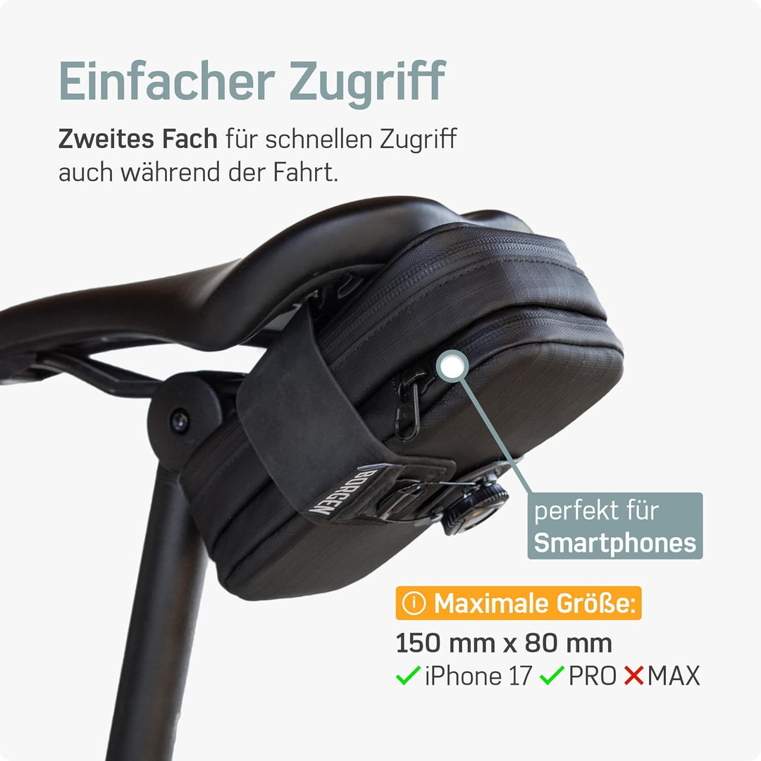 Borgen Satteltasche Fahrrad, schwarz, wasserabweisend, 128g, Grösse L | Mit stabiler Befestigung, re