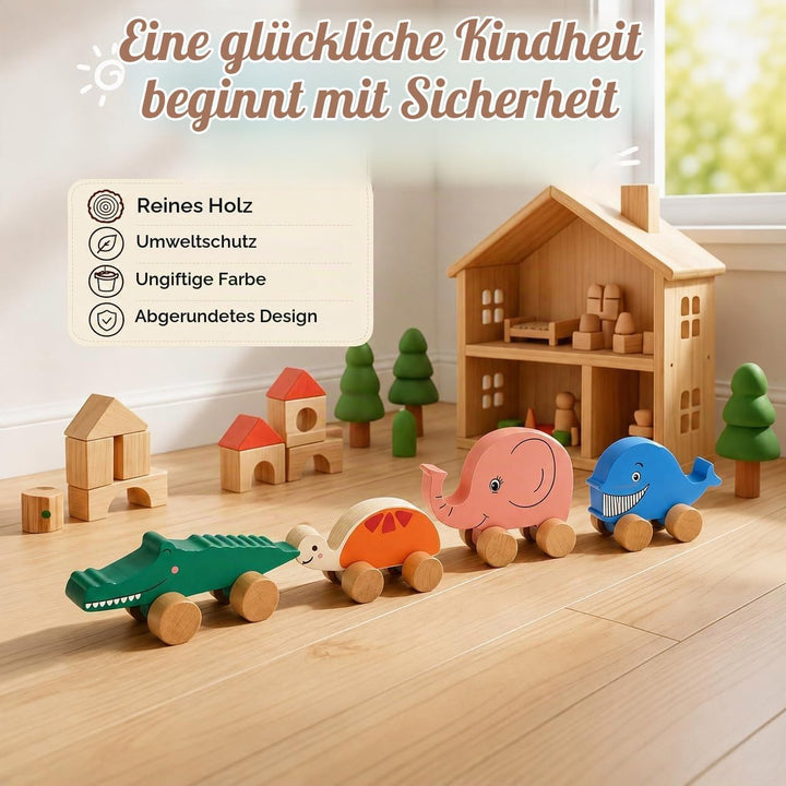 TOWO Holzautos für Kleinkinder – Tiere auf Rädern – Fahrzeuge, sensorisches Greifmotorik-Spielzeug –