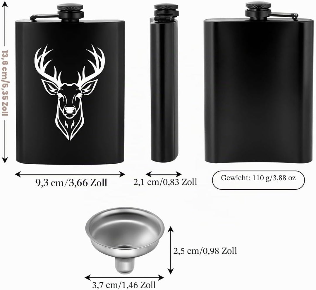 8oz/237ml Edelstahl Flachmann, Taschenflasche, mit Trichter und Grusskarte, Geschenkbox, Weisser Hir