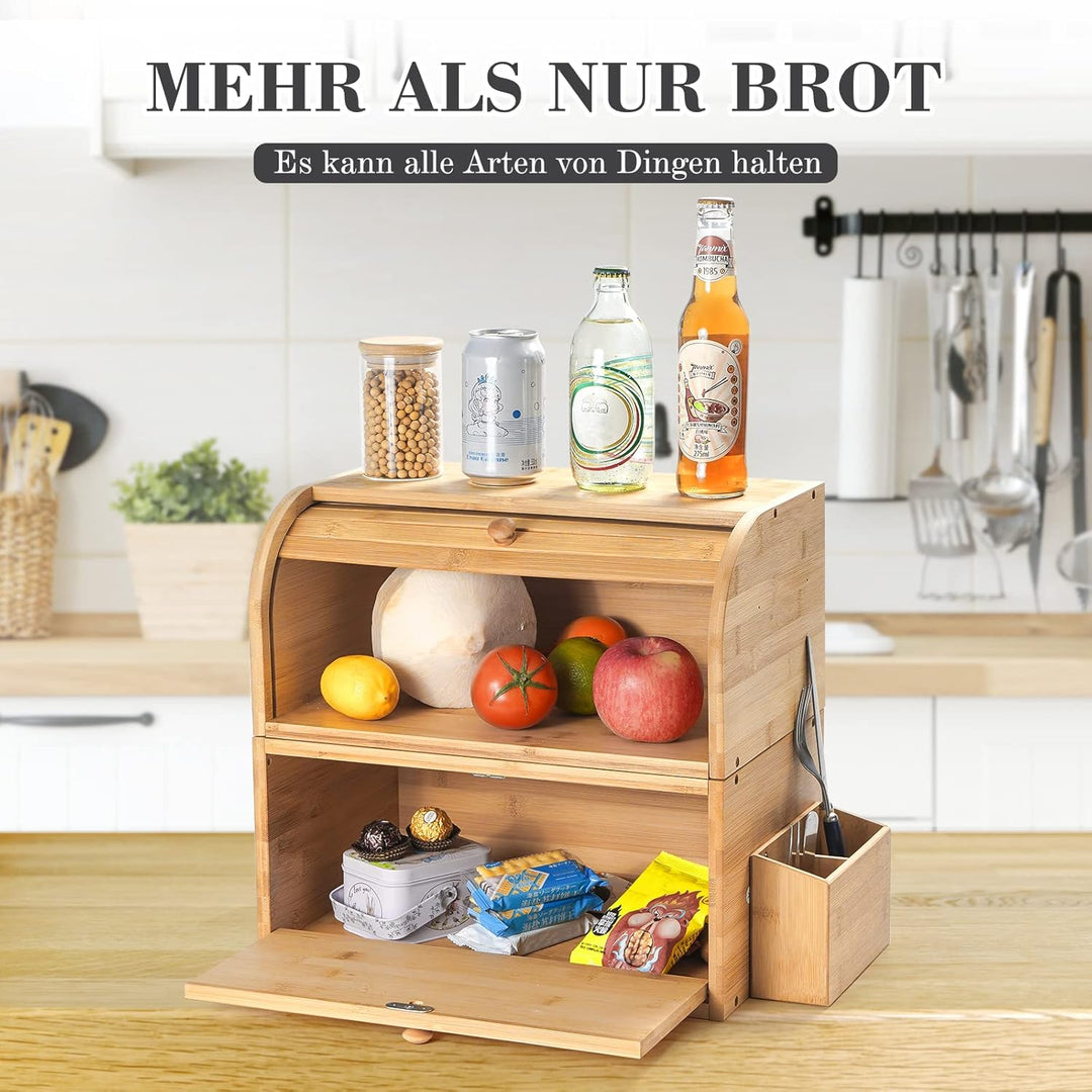 GUUSII HOME Brotkasten Holz Bambus Gross Retro Eco Brotbox Rolldeckel Doppellagig Stapelbar Brot Auf