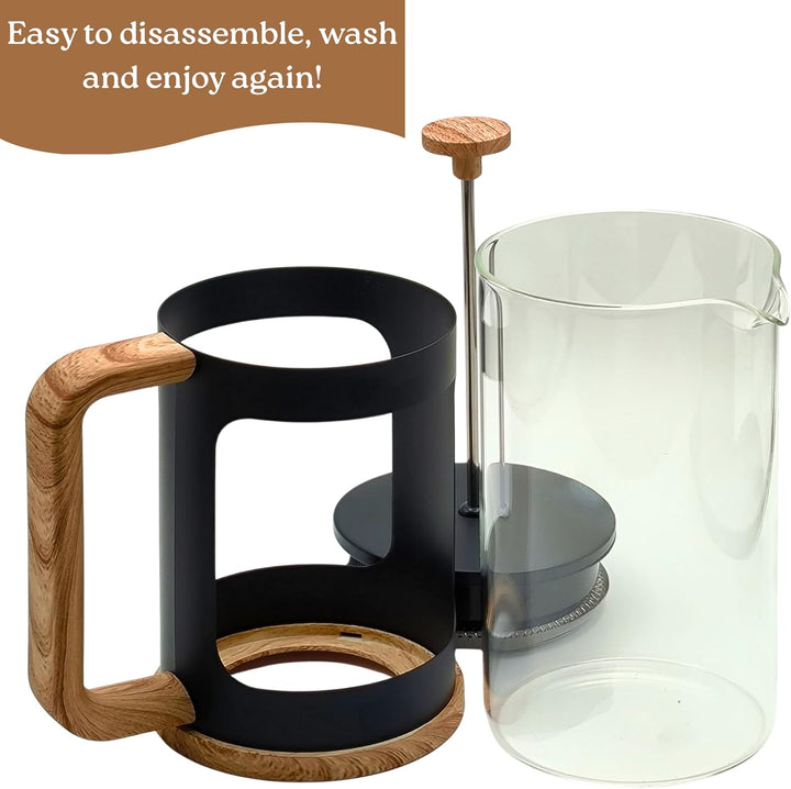 Generisch French Press Kaffeebereiter, 1 L, mattschwarz, Holzoptik-Griff, hitzebeständiges Glas, Ede