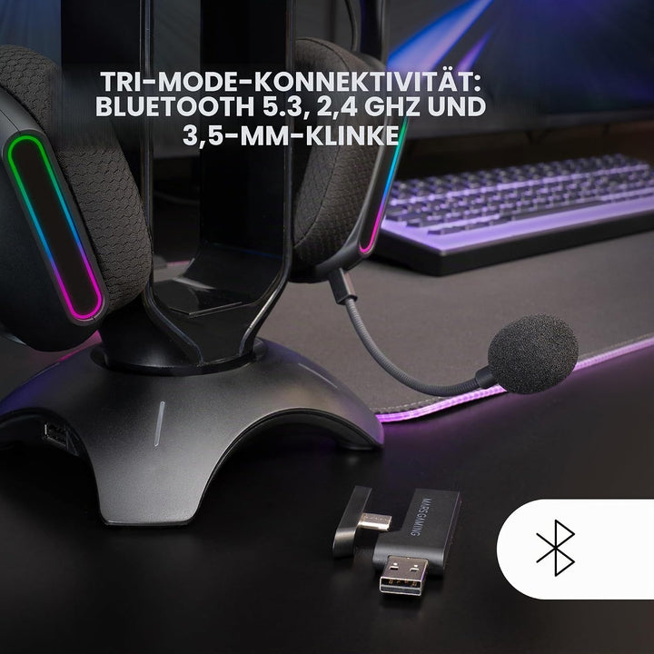 Mars Gaming MHW-PRO, Kabelloses Gaming-Headset ARGB Flow, 3D Surround Sound 7.1, Bluetooth 5.3 + 2.4