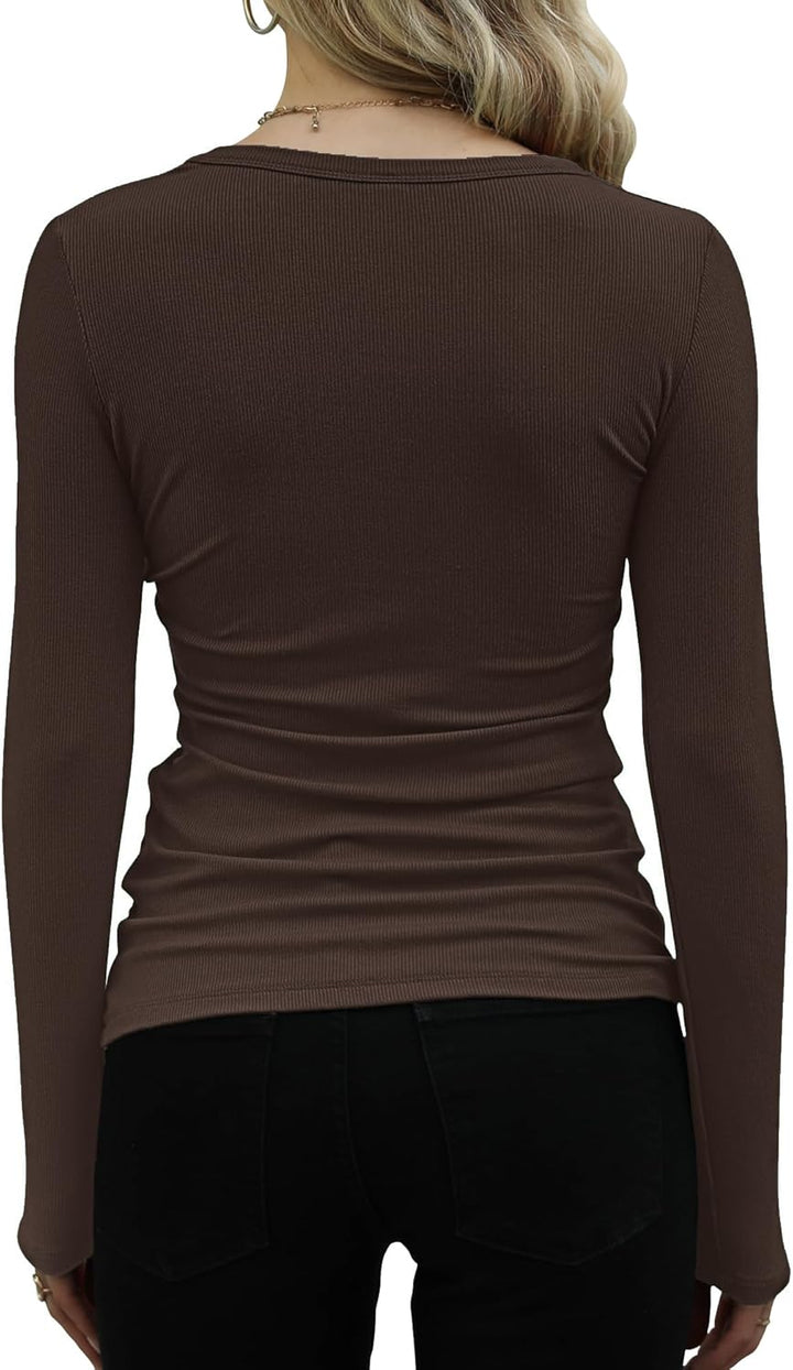 Langarmshirt Damen Rundhal Pullover Elegant Langarm Oberteile Rippshirt Tshirts Basic Tops Braun XS,