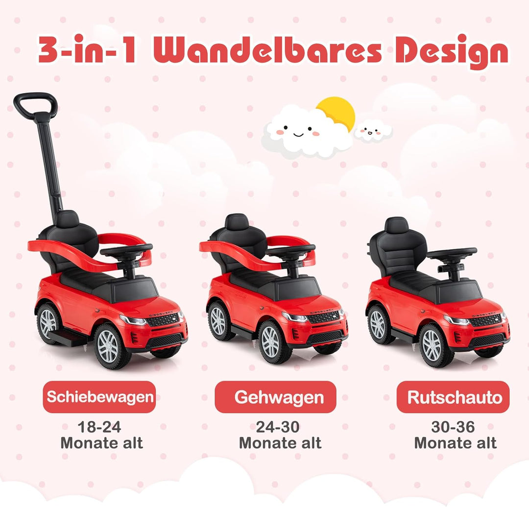 COSTWAY 3-in-1 Rutschauto mit Schiebestange, Rutschfahrzeug mit abnehmbarem Griff und Schutzbügel, R