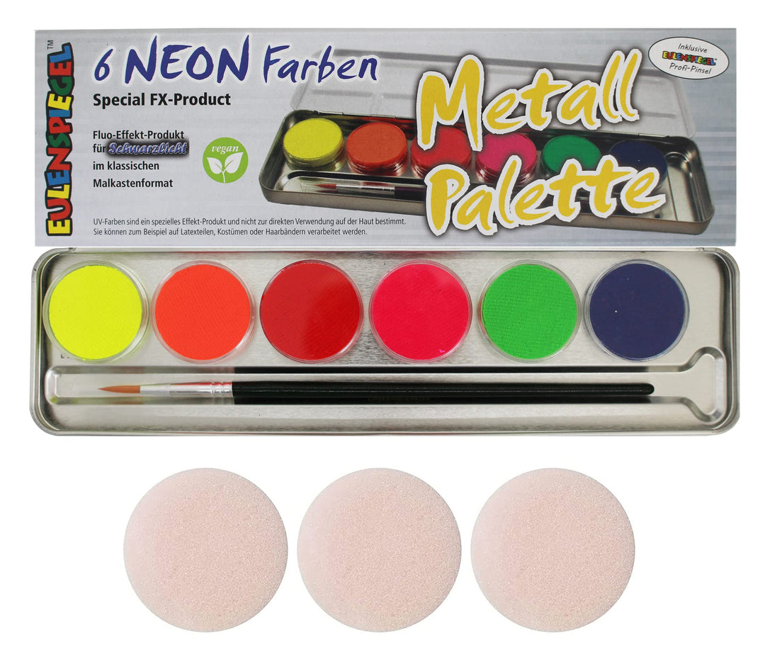Eulenspiegel 423004 - Farb-Palette Neon, 6 x 3,5 ml UV-Farben, 1 Pinsel, Schminkset, Karneval, Motto