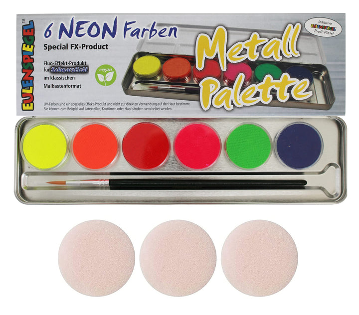 Eulenspiegel 423004 - Farb-Palette Neon, 6 x 3,5 ml UV-Farben, 1 Pinsel, Schminkset, Karneval, Motto