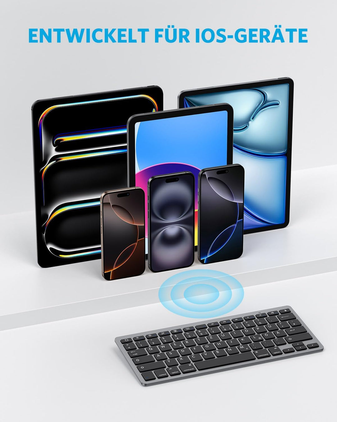 OMOTON deutsche Bluetooth Tastatur für iPad 10.9/10.2/9.7, Air 6/5/4/3, Pro 13/12.9/11/10.5 und iPho