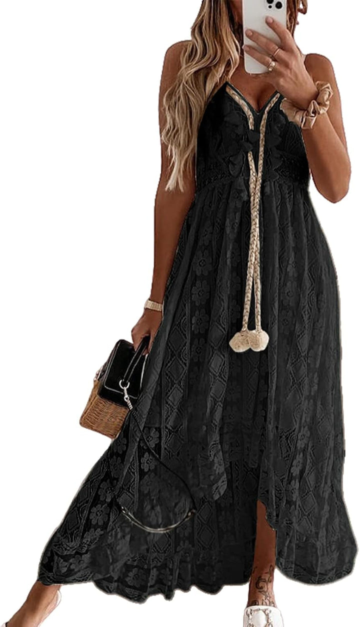 CUPSHE Damen Sommerkleid V Ausschnitt Floral Spitze Quasten Spaghetti Trägerkleid Freizeitkleider Hi