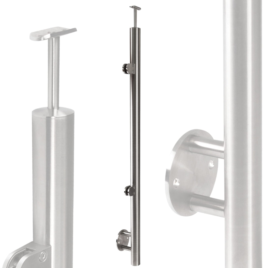 Edelstahl Geländerpfosten Mittel- oder Endpfosten mit Glashalter und Handlauf-Träger - 42,4mm - Wang