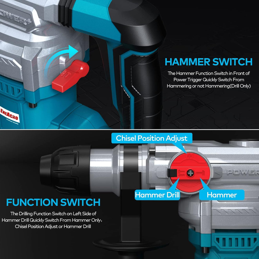 ENEACRO SDS-Plus Bohrhammer, 1500W 6Joule Abbruchhammer 6 Variable Geschwindigkeit 0-920U/Min mit 4