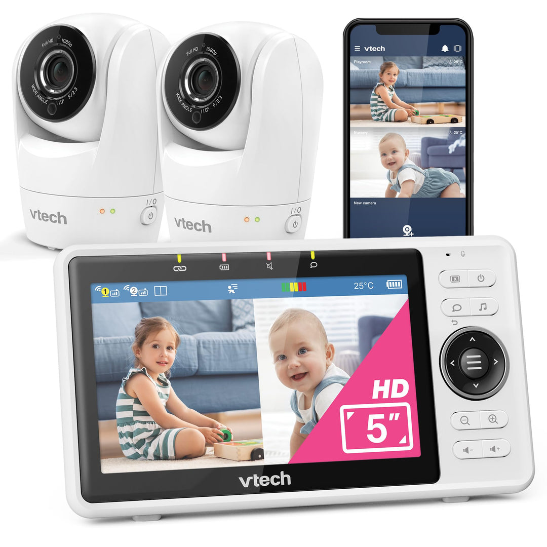 VTech Smart Babyphone mit 2 Kameras, 1080p-FHD-Kamera und 5"-HD-IPS-Bildschirm, WLAN, Geräusch-/Bewe