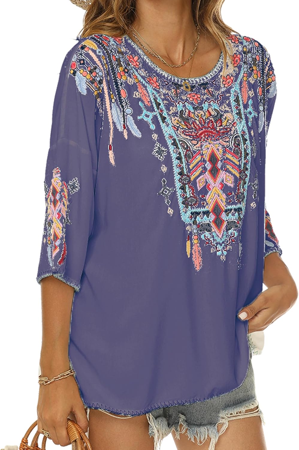 Boho Stickerei Bluse Hippie Kleidung Damen 70er 80er Jahre Bekleidung Bohemian Folklore Besticktes T