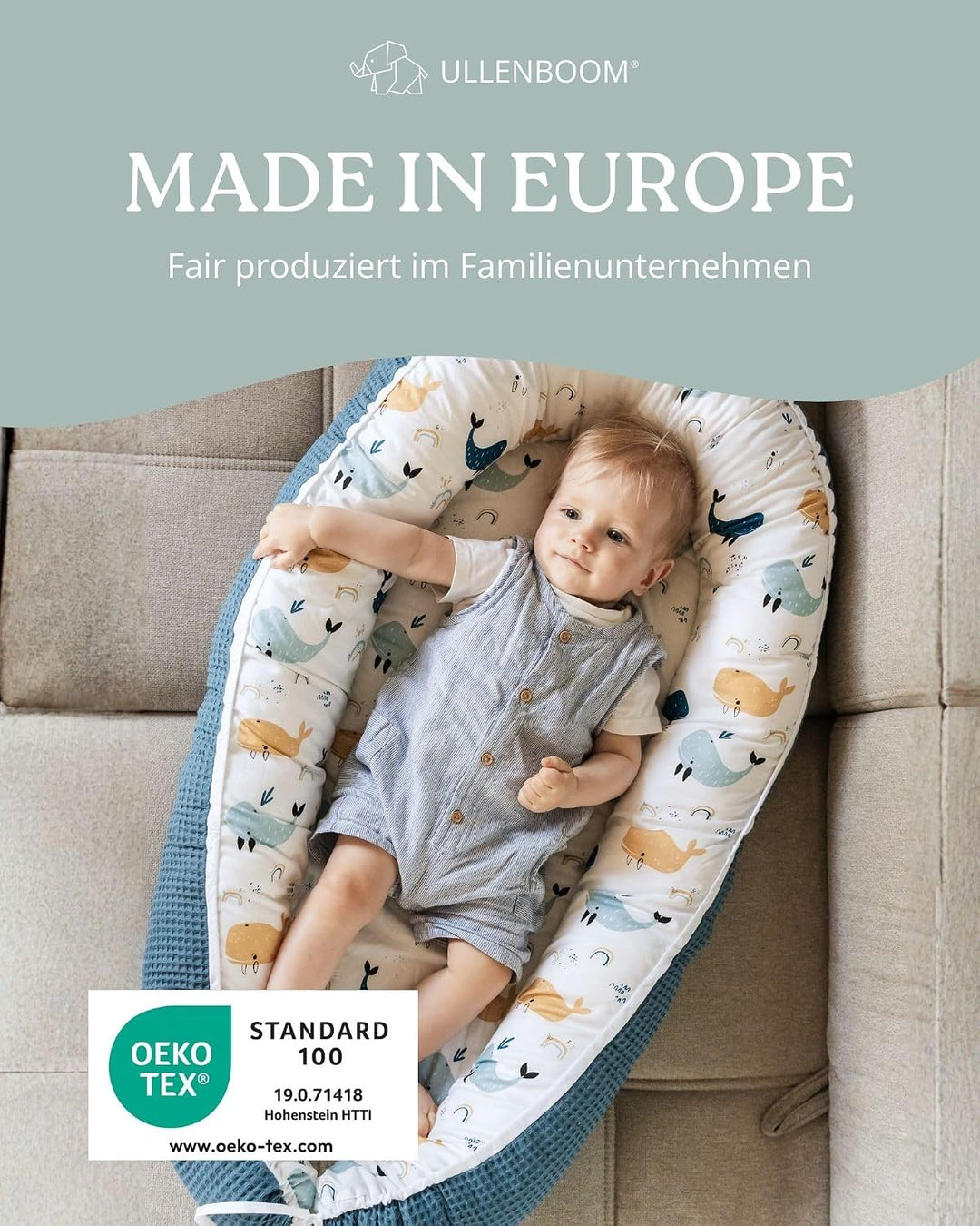 ULLENBOOM ® Babynest & Kuschelnest (55x95 cm) Blau-Wale (Made in EU) - Baby Nestchen aus Baumwolle,