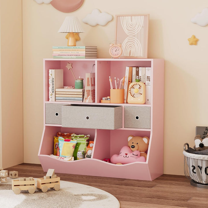 Kinderregal, Spielzeugregal, Bücherregal Kinder, 3-Stufig | Aufbewahrung mit Stoffboxen,Kinderzimmer
