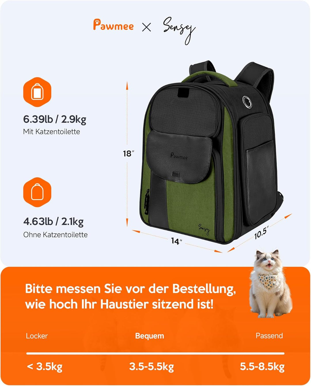 Sensej x Pawmee Katzenrucksack mit Staufach für Katzentoilette – Tragbar & Platzsparend, Ausziehbare