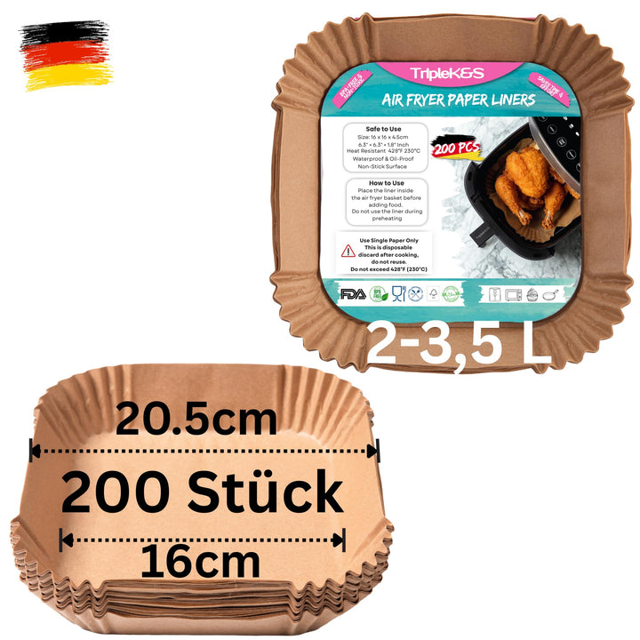 Triple K&amp;S Airfryer Backpapier Philips 200 Stück, 16 x 16 cm – Antihaft Backpapier Einlagen für 2–4,