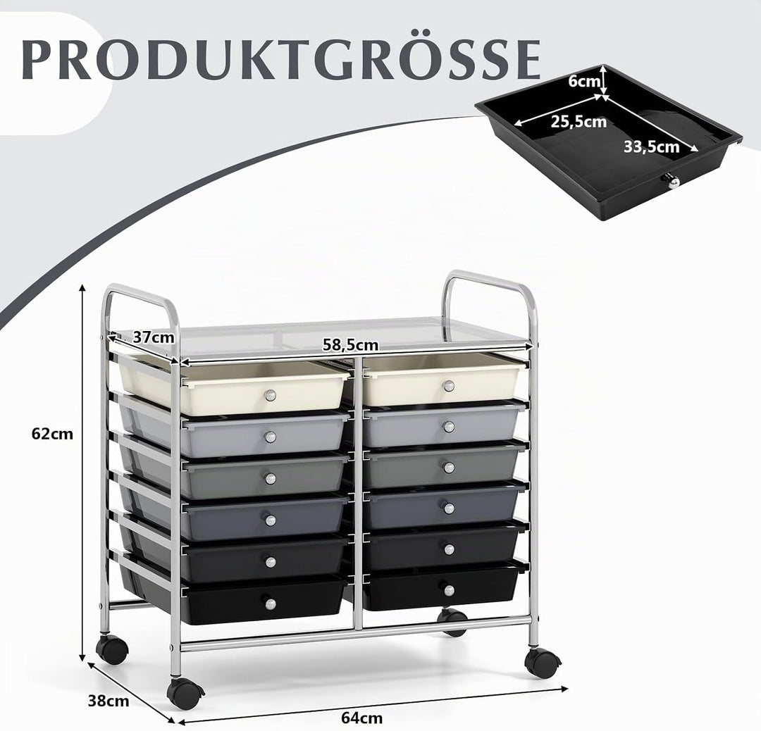 COSTWAY Rollwagen mit 12 stapelbaren Schubladen, Schubladenwagen Rollcontainer mit Metallgestell &amp; A