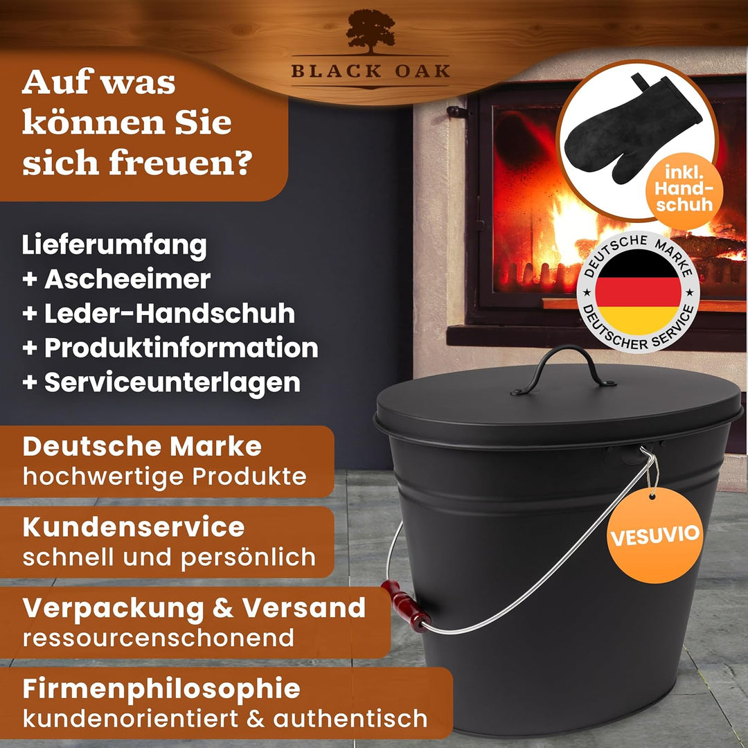 BLACK OAK Ascheeimer Vesuvio 20L mit Lederhandschuh – schwarz oval mit Deckel - gross 20 Liter - Sta