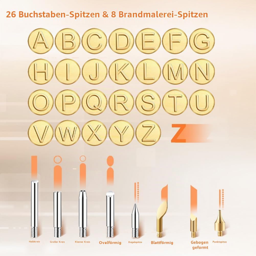 Brandmalerei Holz Lötkolben Set, Brandmalkolben Holzbrennstift Gravur Gerät | 26 Briefe | Temperatur