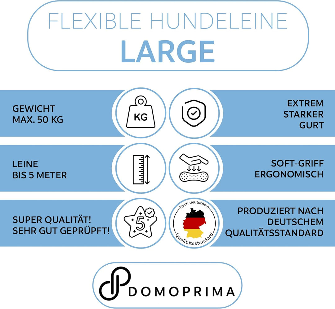 DOMOPRIMA Rollleine Flexibel in 3 Grössen (S,M,L) und 4 Farben (grau, blau, grün, pink) - Robuste un