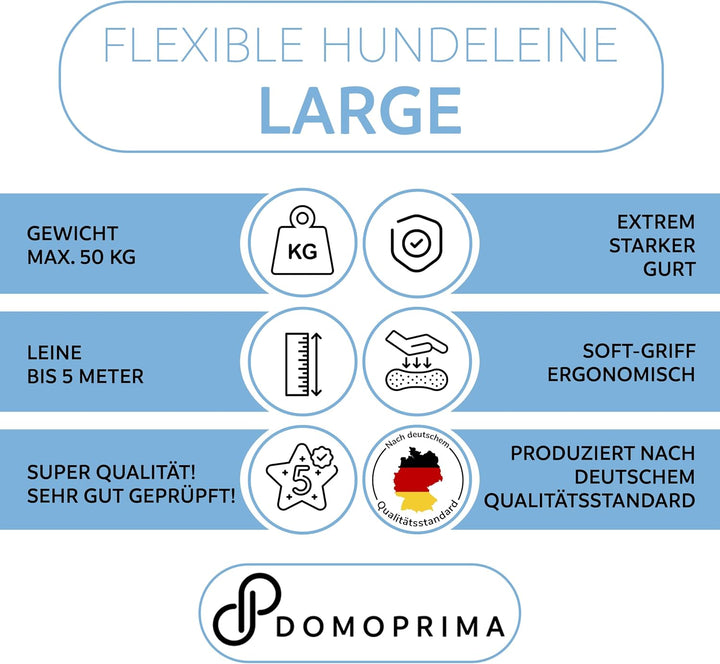 DOMOPRIMA Rollleine Flexibel in 3 Grössen (S,M,L) und 4 Farben (grau, blau, grün, pink) - Robuste un
