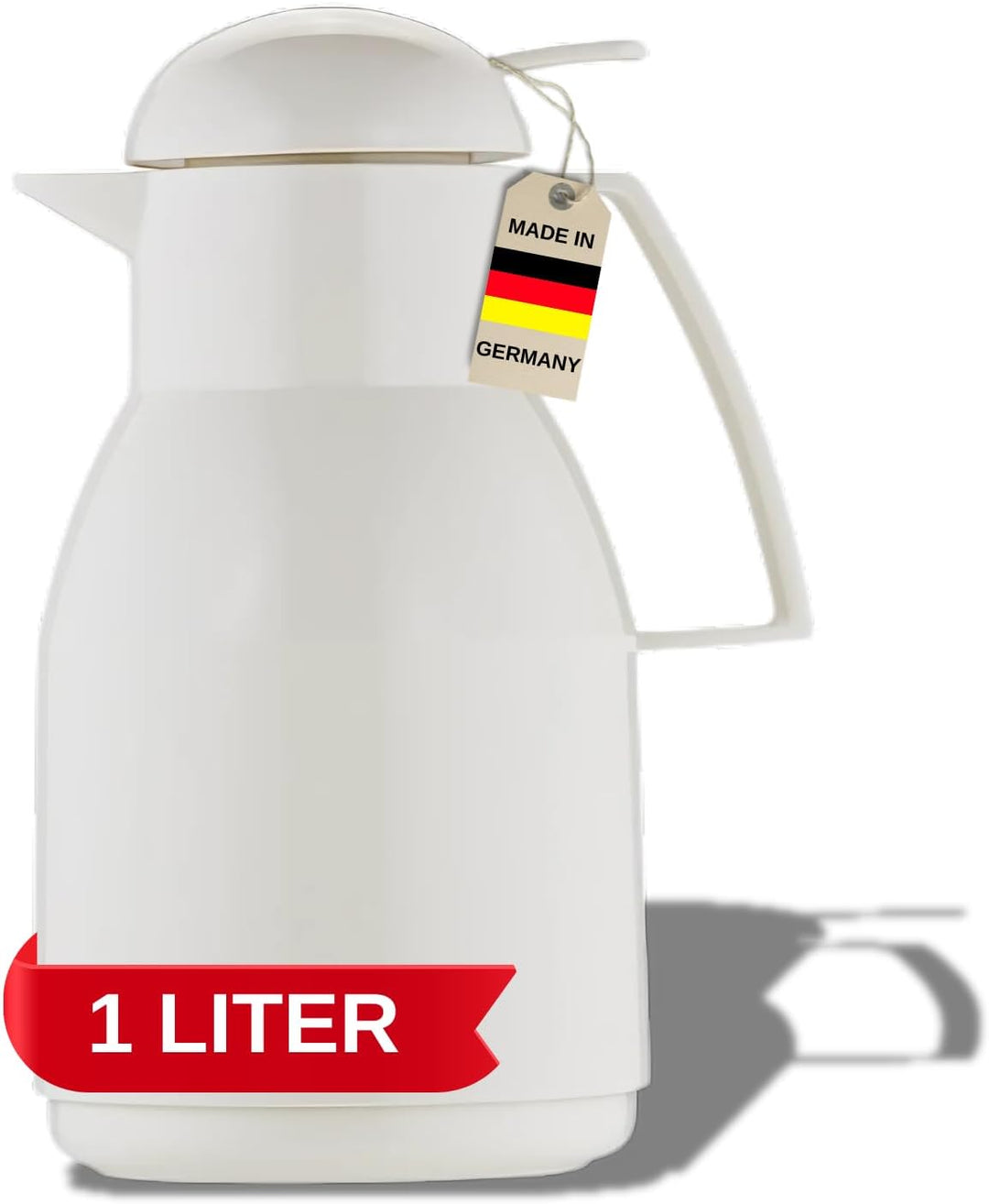 Helios Top Push Thermoskanne Weiss 1L – 6h Heiss - Hält Getränke heiss & kalt – Einhandbedienung – E