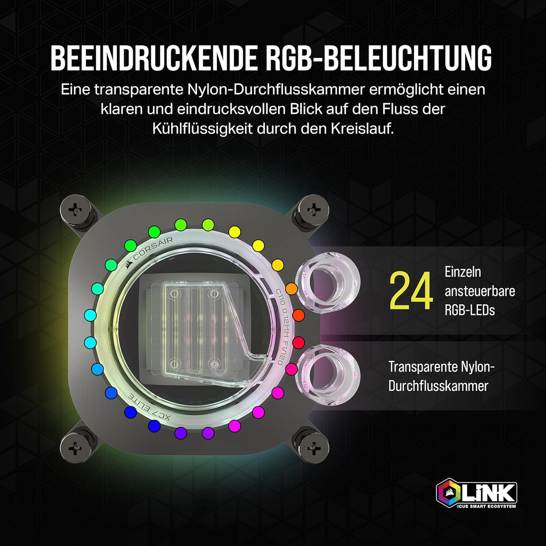 CORSAIR iCUE LINK XC7 RGB Elite CPU-Wasserkühler - Transparente Durchflusskammer - 24 RGB-LEDs - Kom