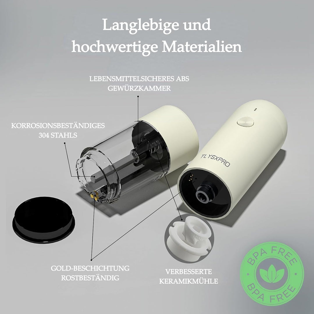 Salz und Pfeffermühle Elektrisch 2er Set, USB Wiederaufladbar, Einstellbarer Grobheit Gewürzmühle, P