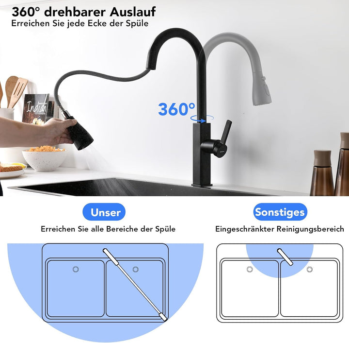 Wasserhahn Küche Ausziehbar, 2 Wasserauslauf Modi, Schwarz