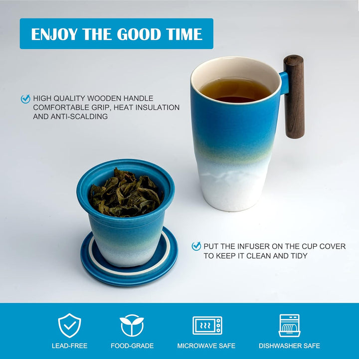 suyika Tomotime Keramik-Teetasse mit Teesieb und Deckel, Holzgriff, 400 ml, Cyanblau, 04-blau und We