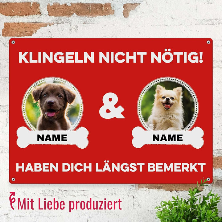 Hunde Schild personalisiert - Klingeln nicht nötig - Metallschild mit Foto und Name für aussen, wett