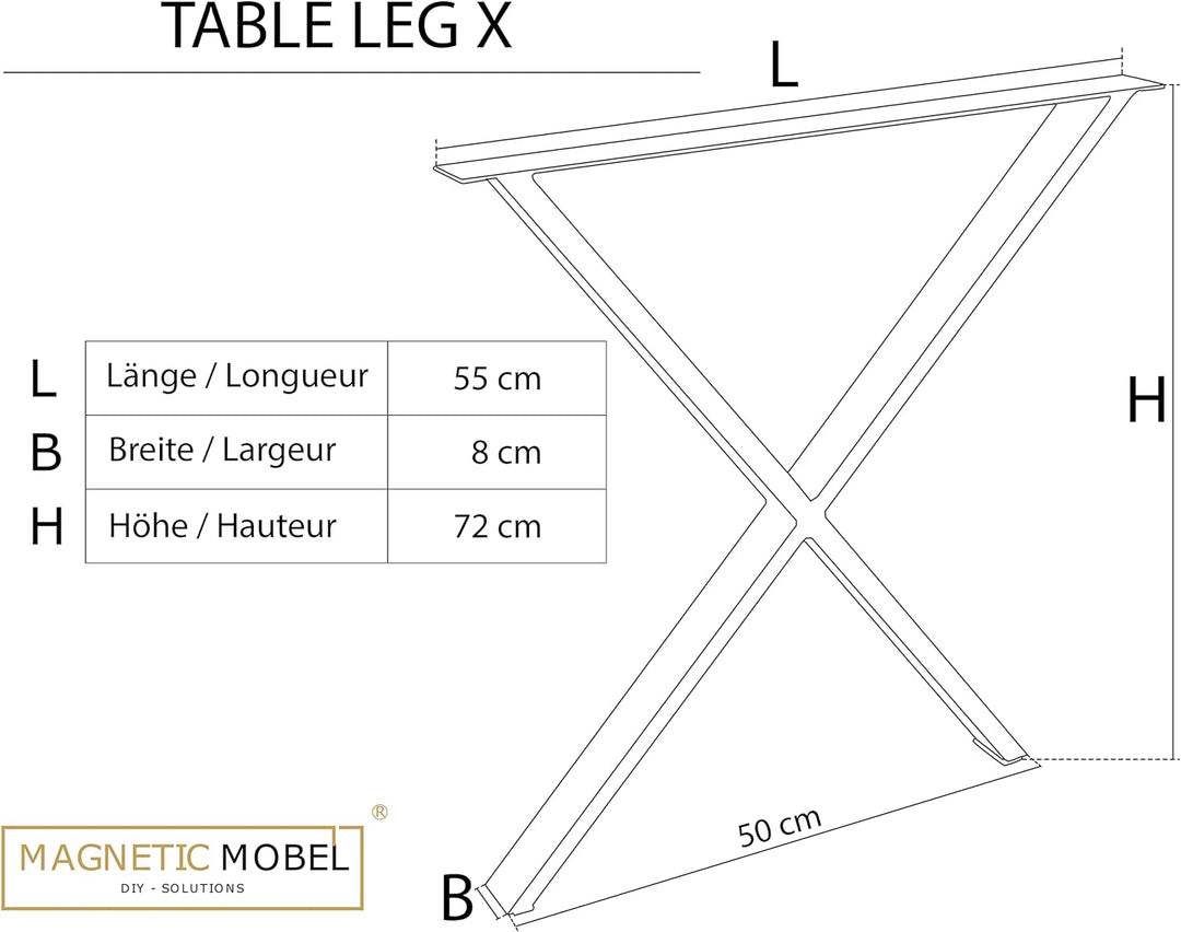 Magnetic Mobel Tischkufen X-Form aus Vierkantprofilen 60x20 mm, x-förmiges Tischgestell 55x72 cm (We