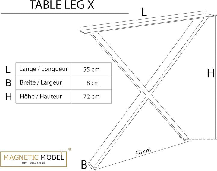 Magnetic Mobel Tischkufen X-Form aus Vierkantprofilen 60x20 mm, x-förmiges Tischgestell 55x72 cm (We