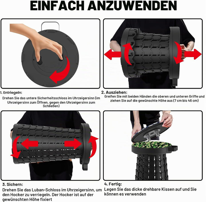 ALEVMOOM Tragbarer Klapphocker mit Kissen,Camping Hocker Teleskophocker,Klappbarer Hocker,Mini Leich